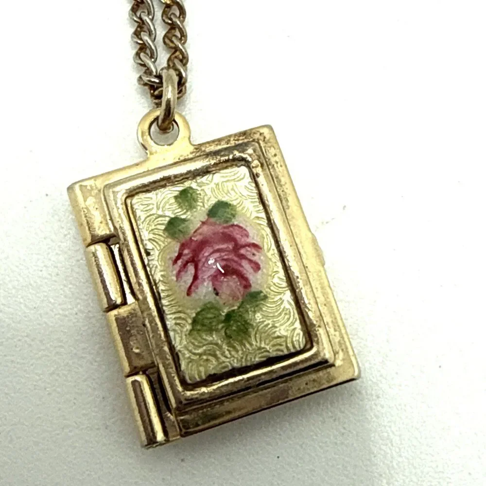 Vintage Guilloche Enamel Locket Necklace Child Size Rose Design Gold Tone 15